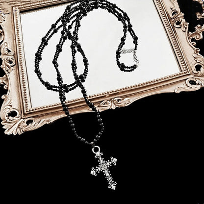 Black Beaded Necklace with Cross Pendant - Princess Chronicles