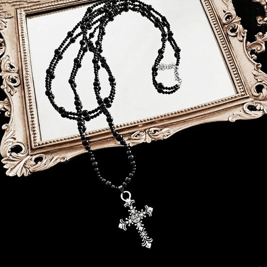 Black Beaded Necklace with Cross Pendant - Princess Chronicles