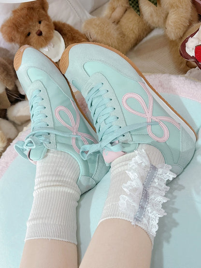 Green Front Bowknot Lace-up Design Sneakers Ties