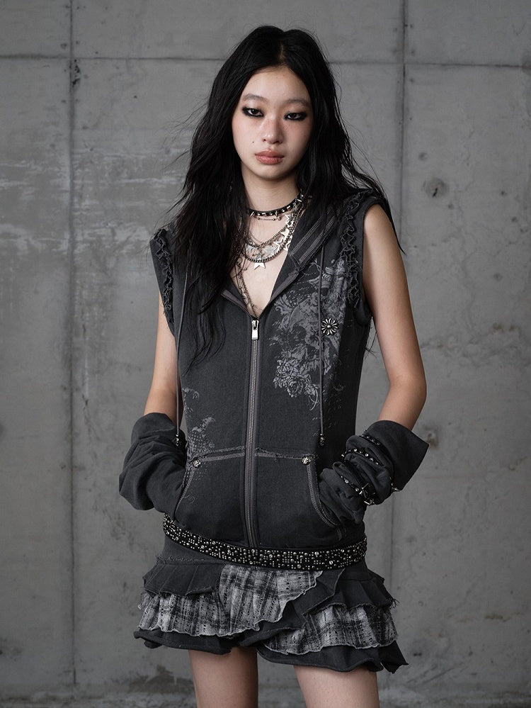 Wasteland Detachable Y2K with Dark Gray Hoodie Skirt Plaid Layered Sleeves Punk Dress