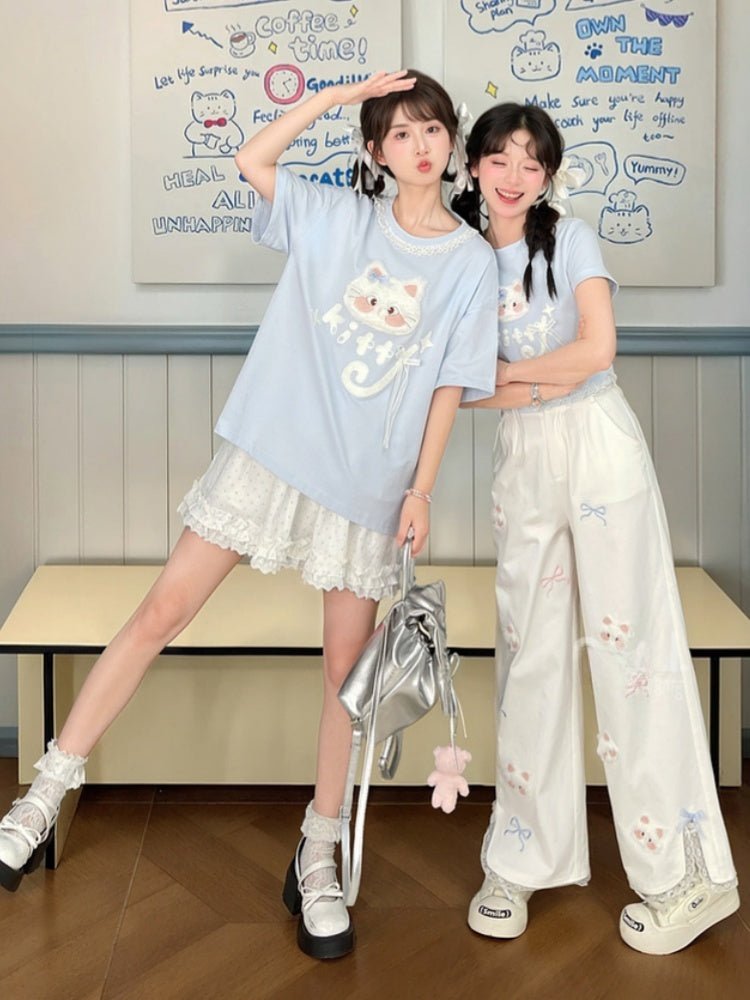 White Straight-Leg Pants Plush Kitty Appliques Bow Embroidery Regular/Short Version