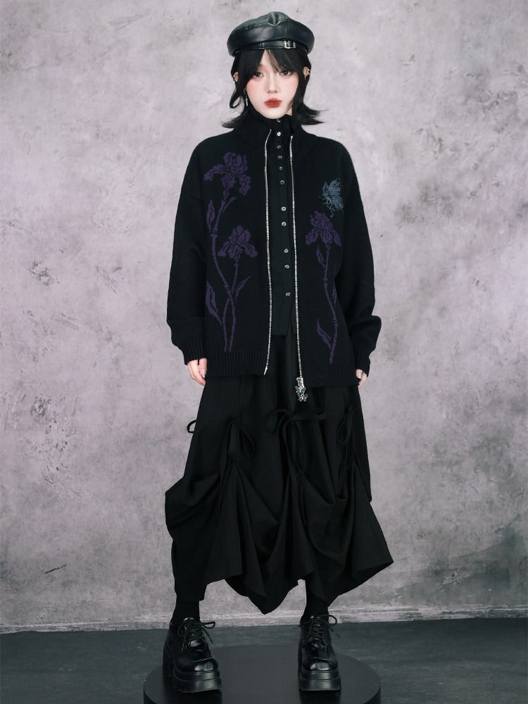 Iris Pattern Gothic Black Double Zipper Sweater Jacket - Quirky Hut
