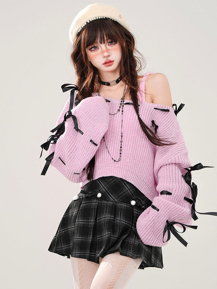 Blau/pinkes Set aus kurzem Pullover mit Schleifen an den Ärmeln und Camisole-Top