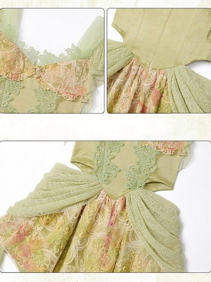 Green Fairycore Mori Lace A-Line Sleeveless Cut-out Dress - Virtual Orbit