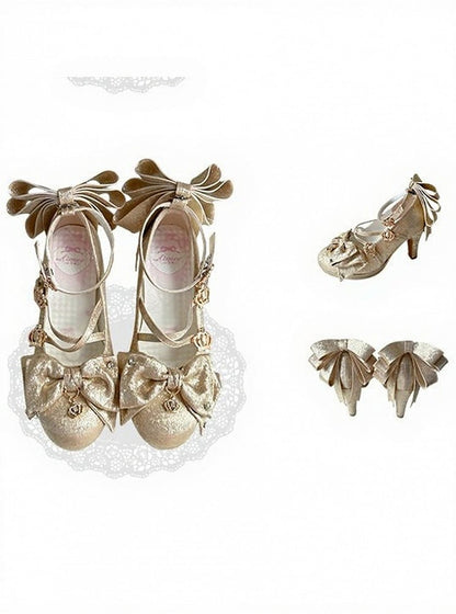 Gold Sparkling Satin Hanayome Lolita 8.5cm High Heels with Crown Buckle, Bowknot and Crystal Accents - Aimee