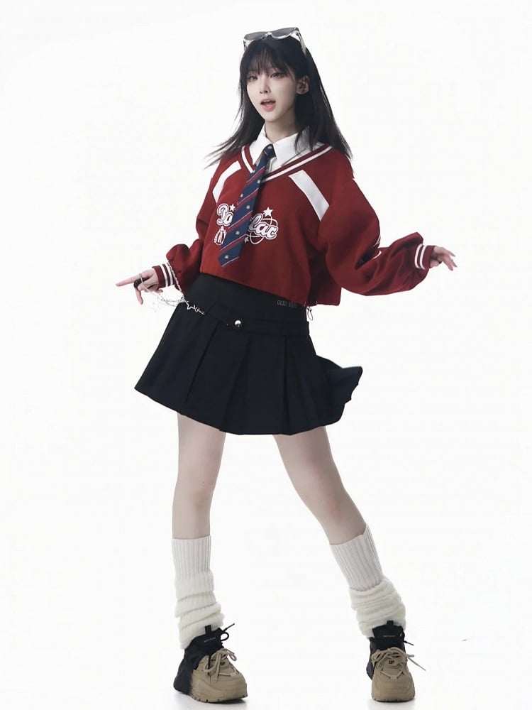 with Collegiate Version Faux Wine Long/Short Blue Star Sweatshirt Red/Navy Two-Piece Print in