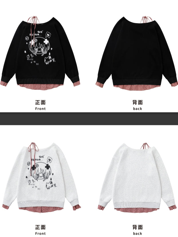 Black/White Asymmetrical Neckline Yami Kawaii Top Plaid Cuffs