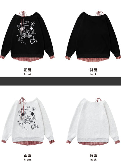 Black/White Asymmetrical Neckline Yami Kawaii Top Plaid Cuffs