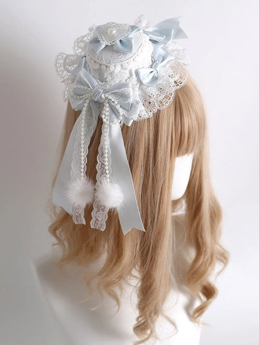 Pearl-Accented Style) White Mini (Elegant Lace Soft Blue Hat Sweet