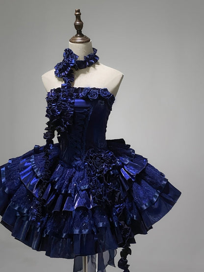 Klein Blue Roses Ausschnitt Lolita Goth Boning Kleid Pailletten Tiered Puffy Kleid