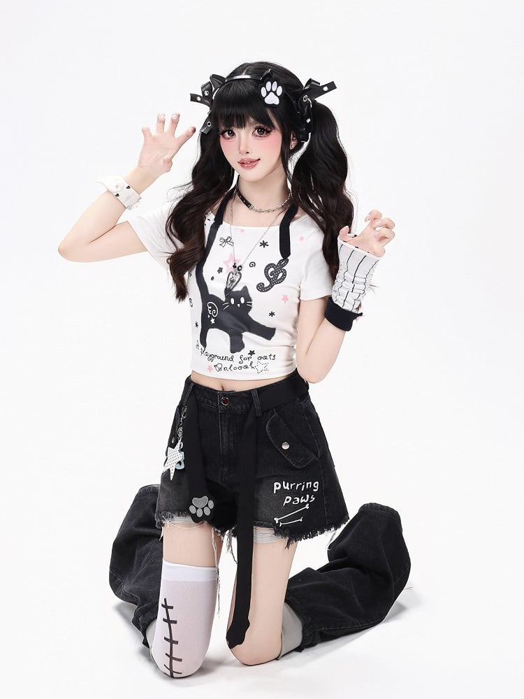 Black Distressed Denim Set with Cat Paw Belt - CRAZY GIRL