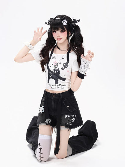 Black Distressed Denim Set with Cat Paw Belt - CRAZY GIRL