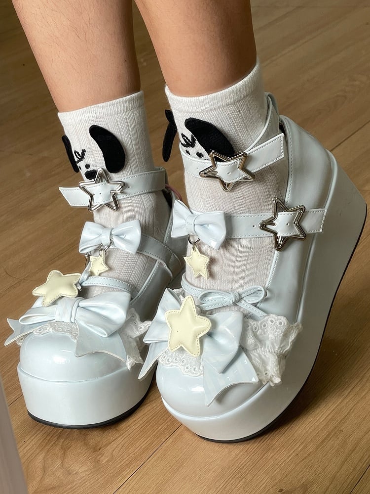 Riemen Schleife Gestreift Stern Lolita Blau Details Muster Schnalle Plattformen
