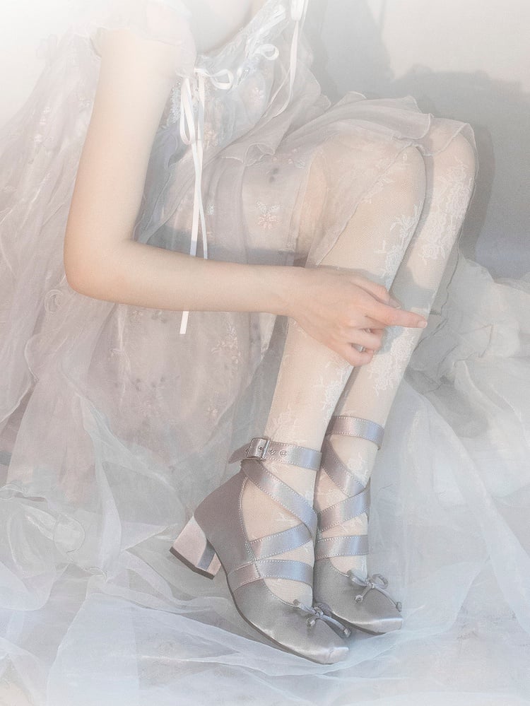 Ballet Square for Crisscross Gray Design Foot Lengh Heels - at 36 23cm Size Clearance Middle Elegant Toe Knotted Bow Top Satin