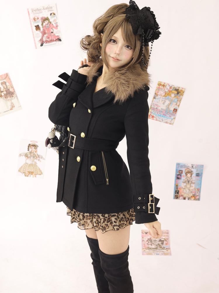 Black Wool Double-Breasted Coat with Faux Fur Collar and Gyaru-Style Buckle Detailing