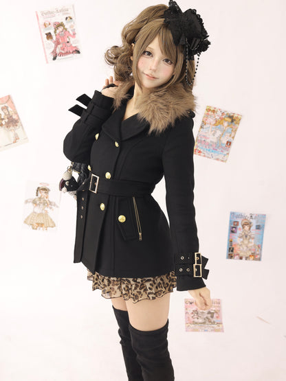 Black Wool Double-Breasted Coat with Faux Fur Collar and Gyaru-Style Buckle Detailing
