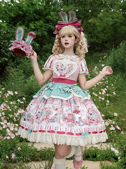 Pink & Green Alice Cat Vibes Heart-shaped Patch Sweet Lolita Dress with Apron Belt - Mewroco