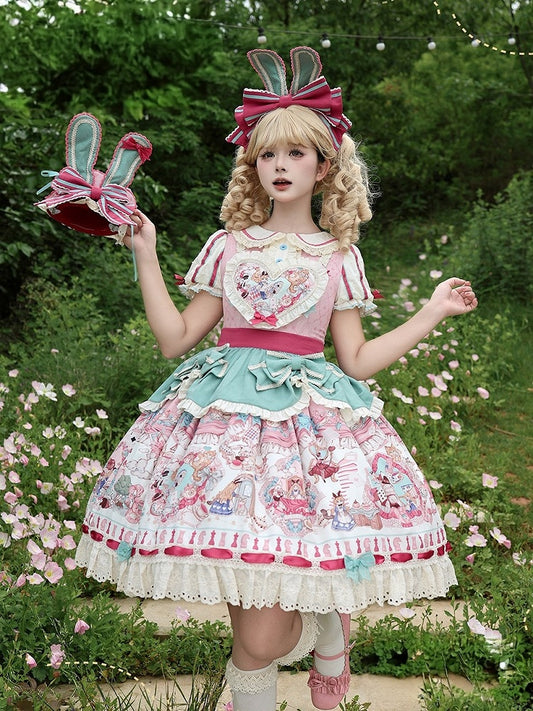 Pink & Green Alice Cat Vibes Heart-shaped Patch Sweet Lolita Dress with Apron Belt - Mewroco
