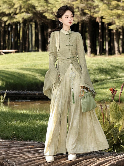 Pleated Green Modern Chinese-Style Trousers - Han Ru Chu Hanfu &amp; Han-Element Studi