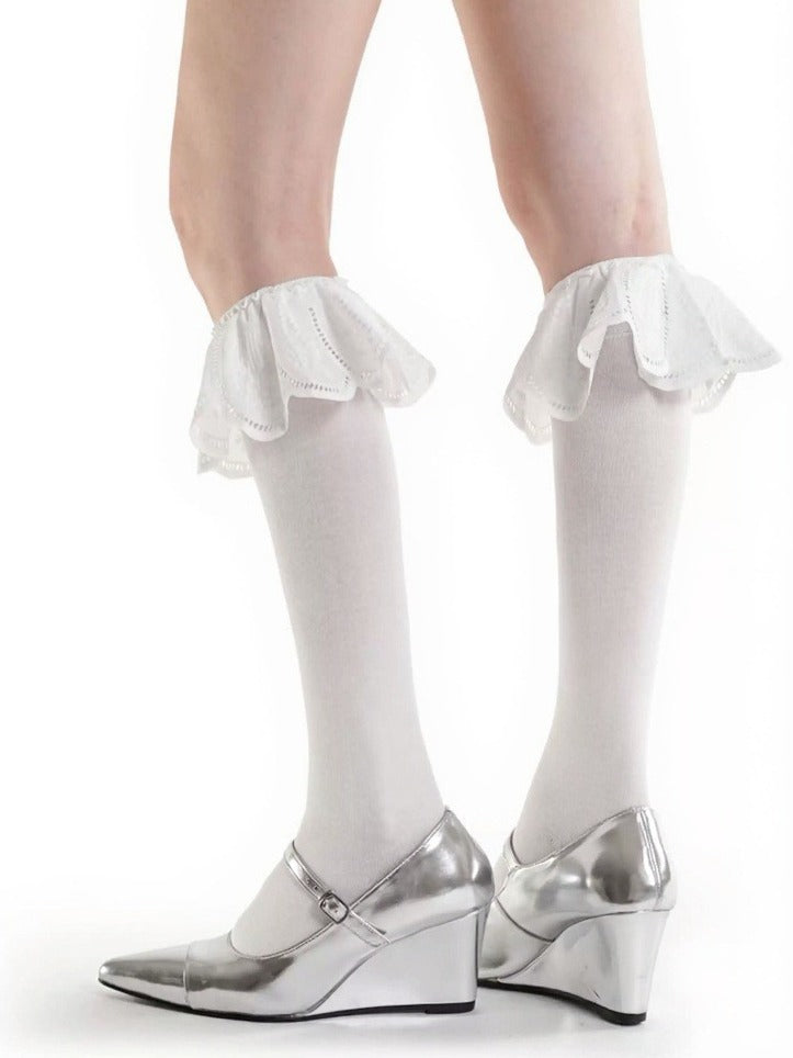 White and Black Calf Socks with Large Ruffle Trim - ModaSwings