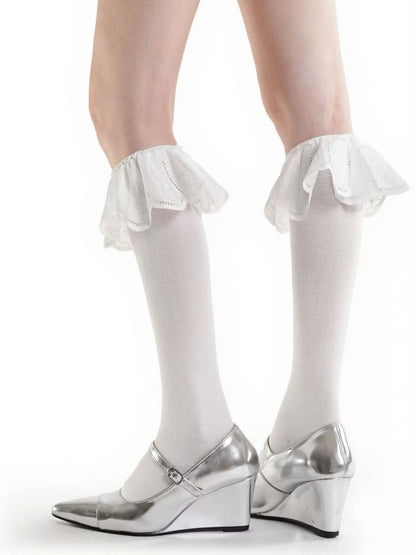 White and Black Calf Socks with Large Ruffle Trim - ModaSwings
