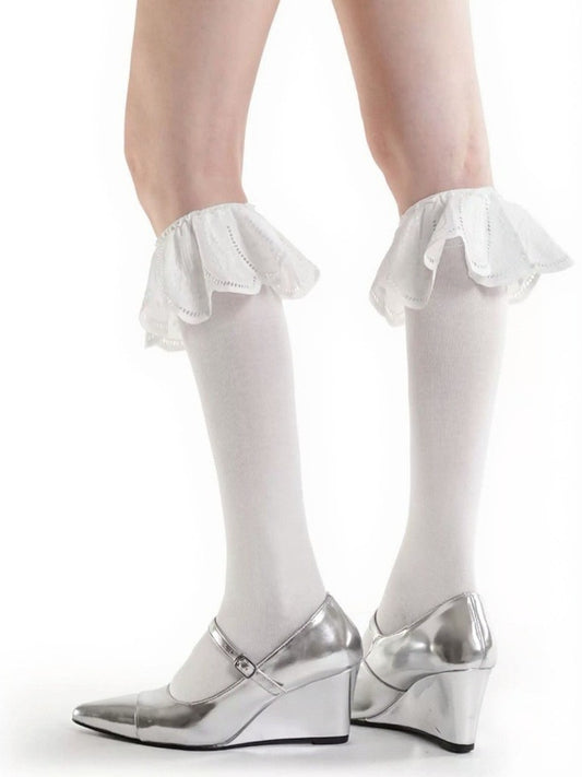 White and Black Calf Socks with Large Ruffle Trim - ModaSwings