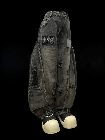 レタージーンズ 穴あきディテールカット ダークディストレストグレーアップリケ ワイドレッグ