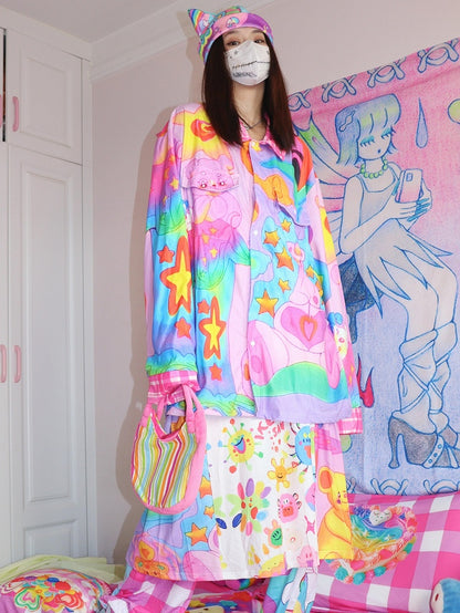 Cartoon Corduroy Print Y2K Shirt Colorful