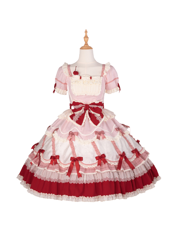 Puff Details Dress and Red Pink Lolita Sweet Bowknot Neckline Sleeves Square