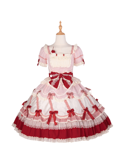 Puff Details Dress and Red Pink Lolita Sweet Bowknot Neckline Sleeves Square