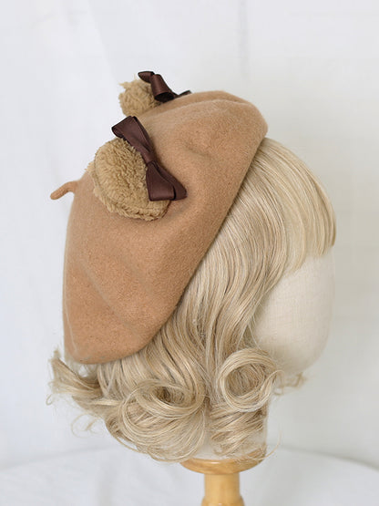 キャメル/ベージュコーヒー かわいいクマ耳ベレー帽 ウール