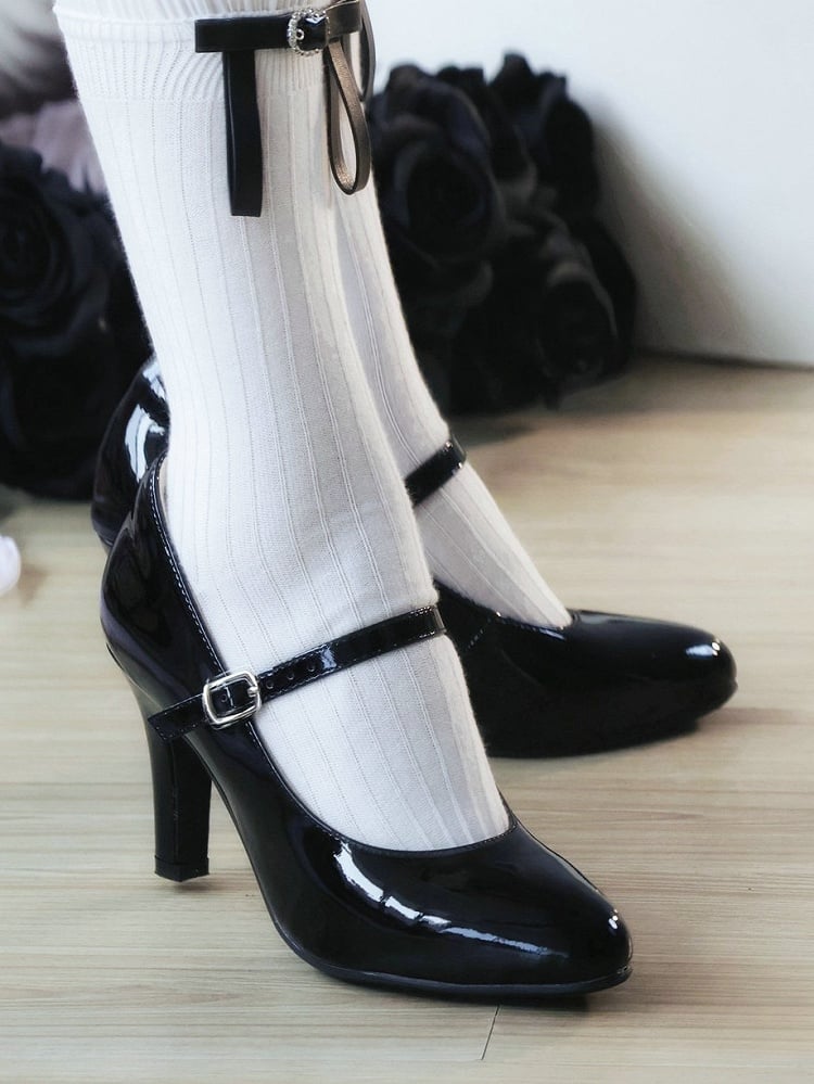 Leather Strap Design Classic Pointed in Mid-heel/High-heel Buckle PU Mary Black Janes Toe