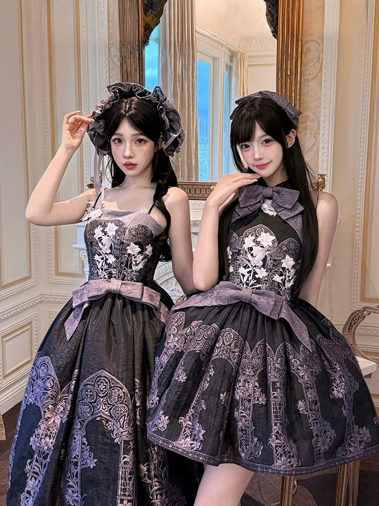 Asian Noir Purple Boned Bow Floral JSK Dress - Yimu Walnut