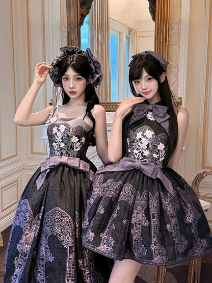 Asian Noir Purple Boned Bow Floral JSK Dress - Yimu Walnut