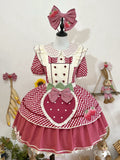 Dress with Plaid Lolita Collar Peter Pattern Strawberry Pan Sweet Pink Apron