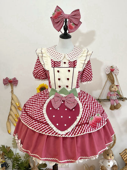 Kleid mit kariertem Lolita-Kragen, Peter-Muster, Erdbeer-Pfanne, süße rosa Schürze