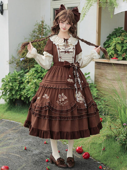 Brown Acorn & Squirrel Embroidered Lolita OP Dress with Peter Pan Collar, Ruffles, Belt, Brooch & Bow Hairclip - With PUJI