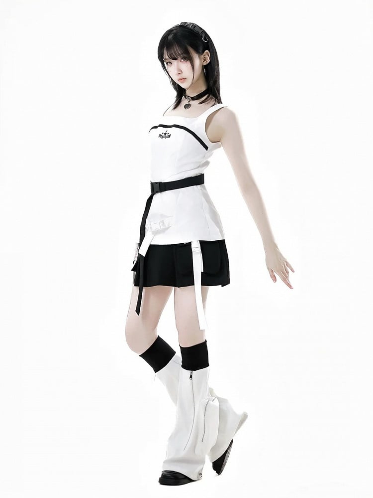 White Black and Drawstring Cuffs Techwear Flared Leg Warmers Zipper Detail