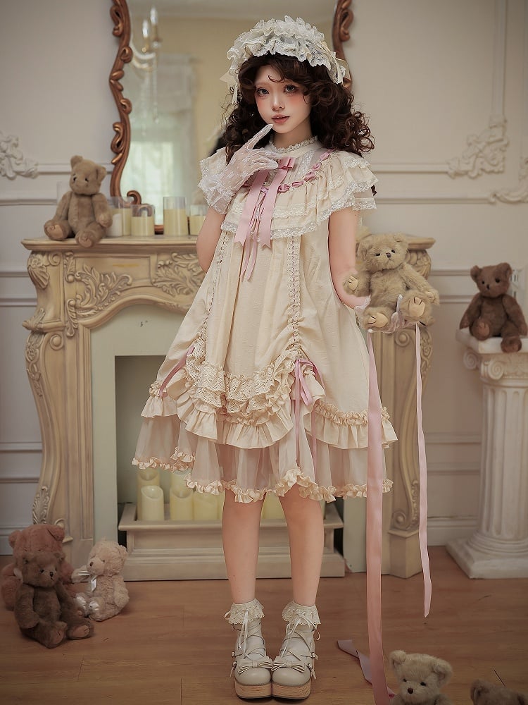 Beige Rosette Jacquard Lolita OP Dress with Layered Ruffles - With PUJI