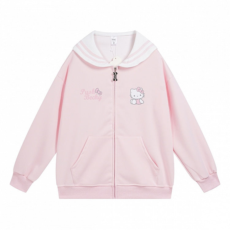 ピンク/ライトブルー/グレー/ブラック キティプリント セーラーカラー ジップ開閉 厚手スウェットシャツ