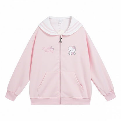 ピンク/ライトブルー/グレー/ブラック キティプリント セーラーカラー ジップ開閉 厚手スウェットシャツ