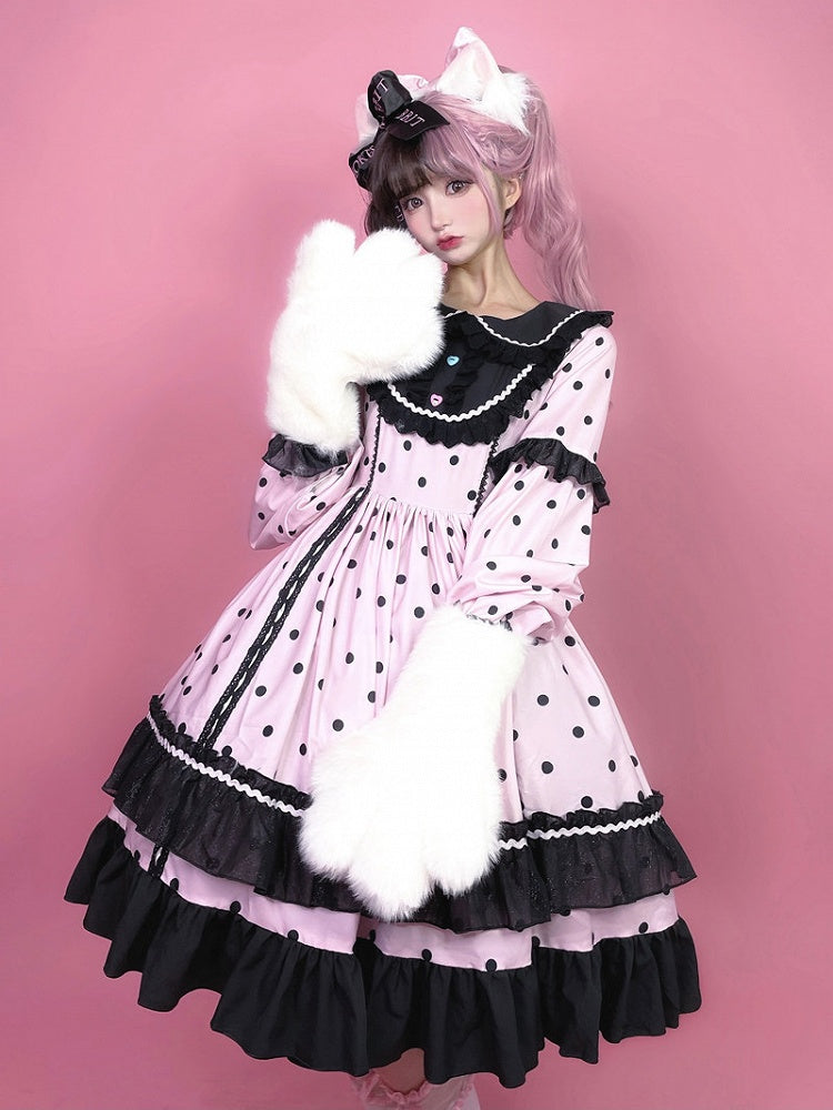 Lolita Dot Cute Long with Black Ruffle Sleeve Polka Dress Pink Details OP