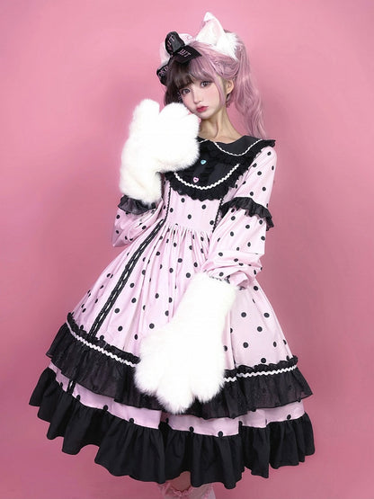 Lolita Dot Cute Long with Black Ruffle Sleeve Polka Dress Pink Details OP