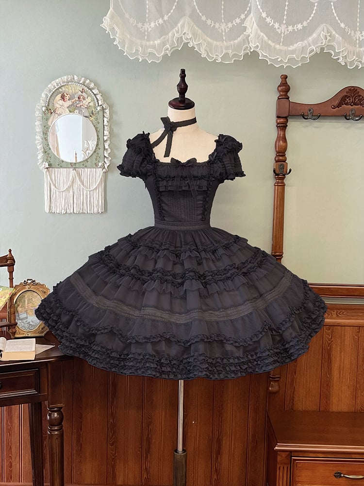 Kleid Schwarz und Elegante Plissee Besätze Lolita Klassische Details Rüschen
