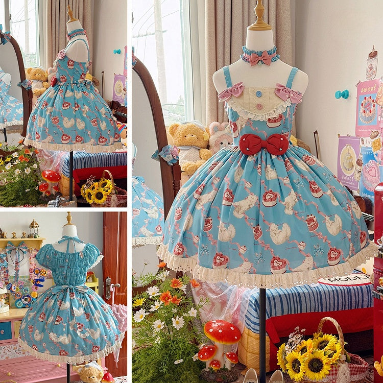 Lolita Blue Print Showa Sweet Cake Fashion Cherry und Kleid Kitty