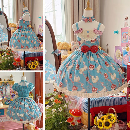 Lolita Blue Print Showa Sweet Cake Fashion Cherry und Kleid Kitty