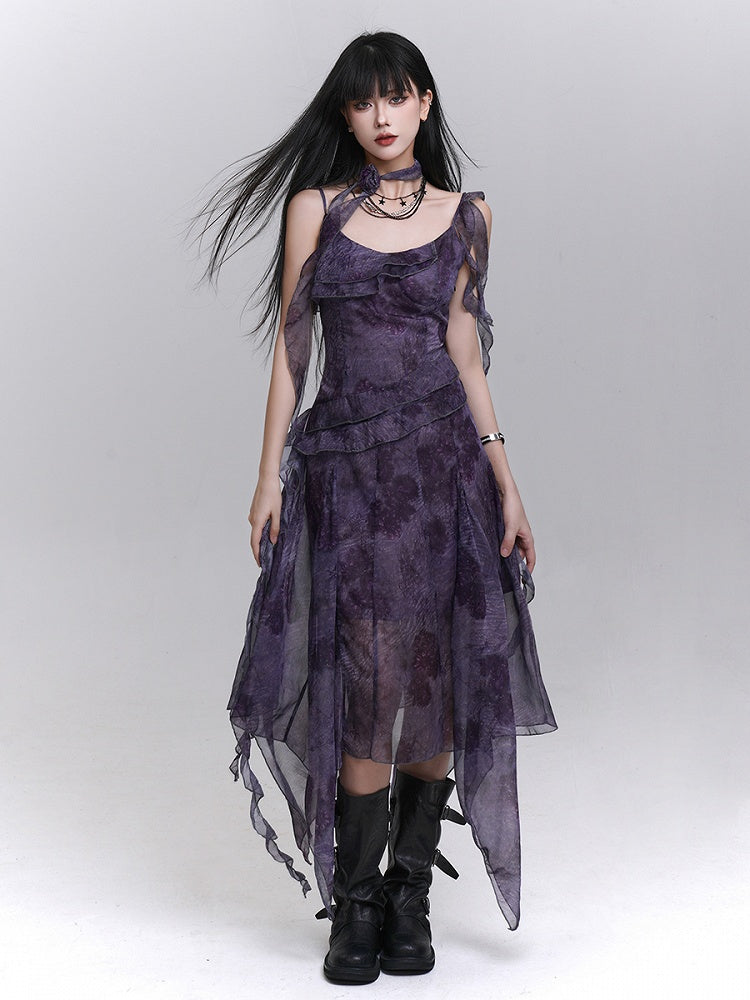 Flowing Strap Dress Matching Purple Handkerchief Neck Gothic Tie-Dye Hem with Ribbons Slip