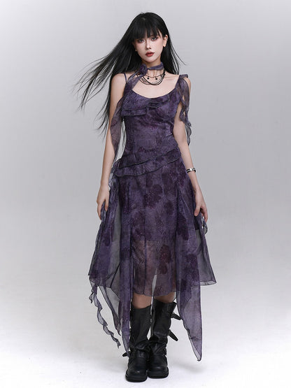 Flowing Strap Dress Matching Purple Handkerchief Neck Gothic Tie-Dye Hem with Ribbons Slip