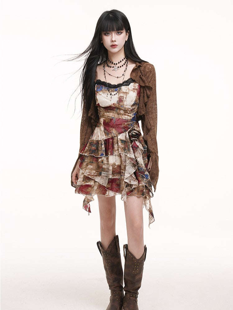 Coffee Punk Ruffled with Cardigan Fitted Slit Collar Cuffs