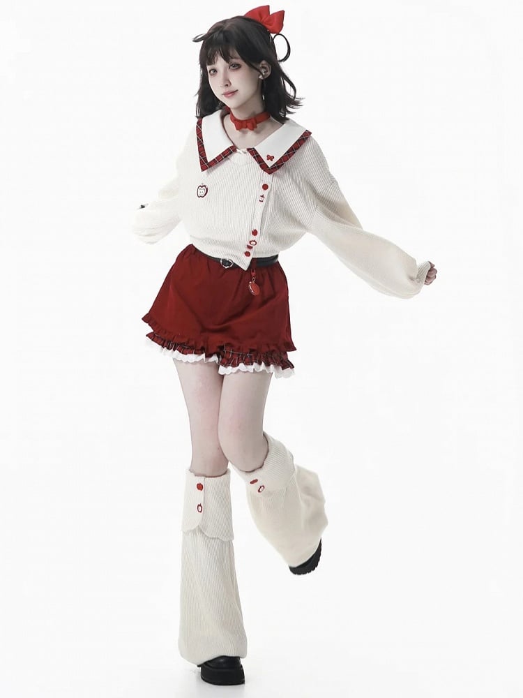 Collar with Crop and Sweatshirt Red Apple Regular/Thicken Embroidery Plaid Knit White